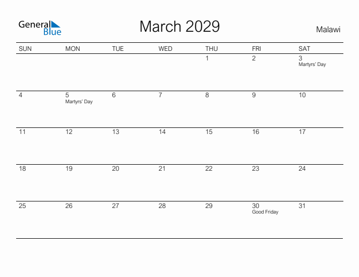 Printable March 2029 Calendar for Malawi