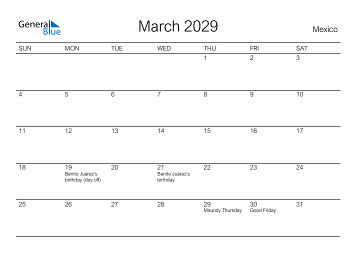 Printable March 2029 Calendar for Mexico