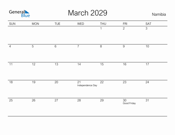 Printable March 2029 Calendar for Namibia