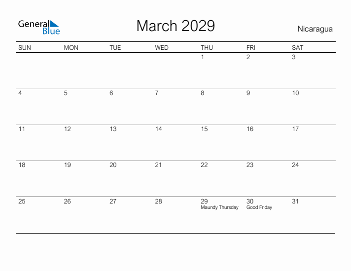 Printable March 2029 Calendar for Nicaragua