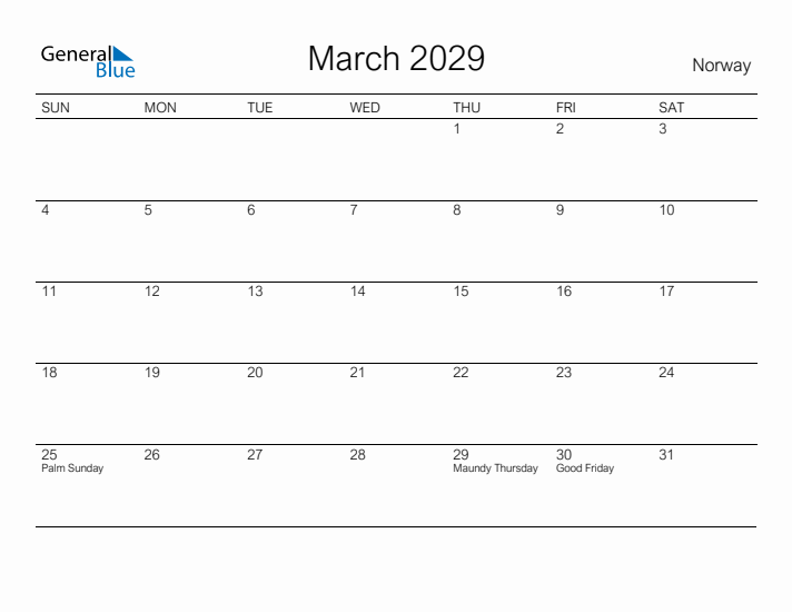 Printable March 2029 Calendar for Norway