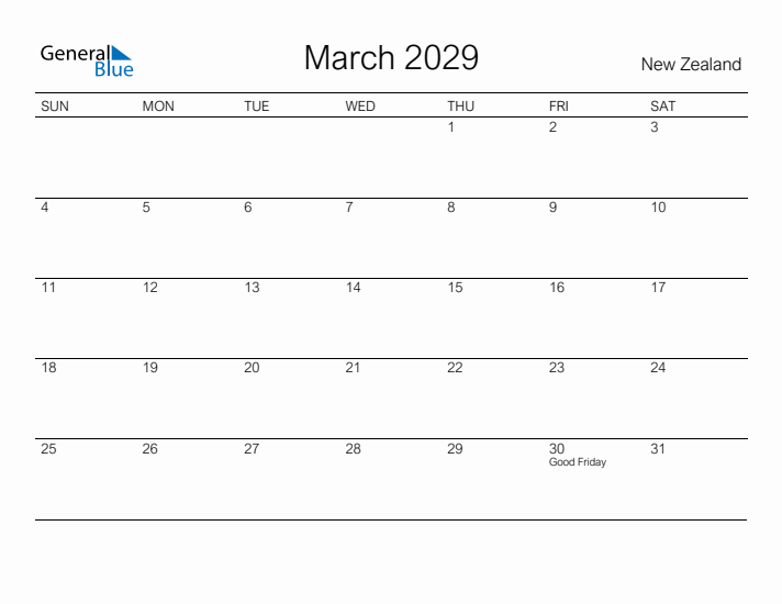 Printable March 2029 Calendar for New Zealand
