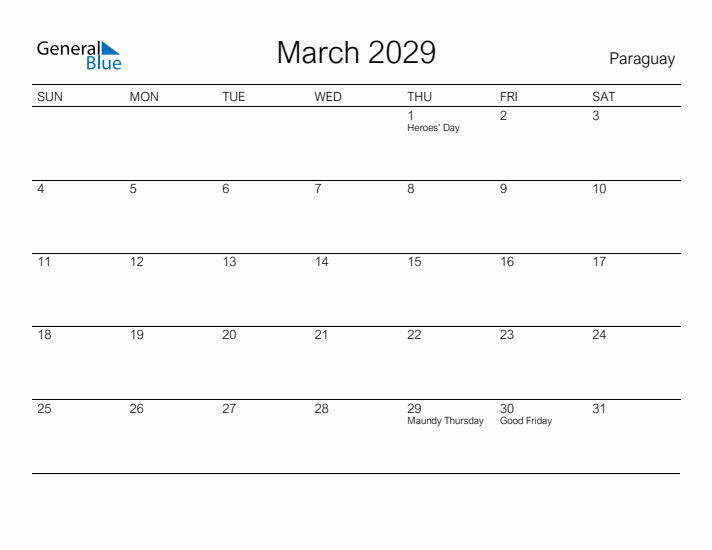 Printable March 2029 Calendar for Paraguay