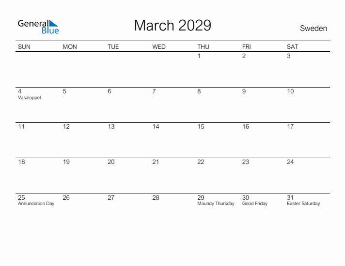 Printable March 2029 Calendar for Sweden
