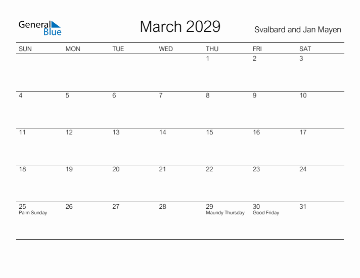 Printable March 2029 Calendar for Svalbard and Jan Mayen