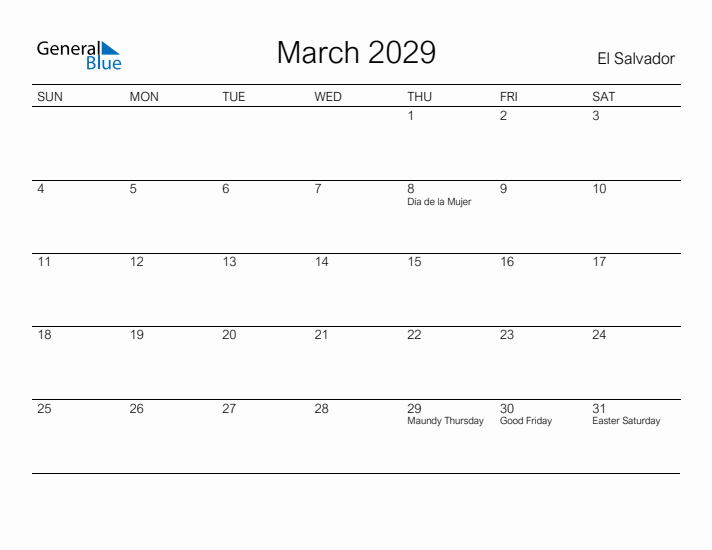 Printable March 2029 Calendar for El Salvador