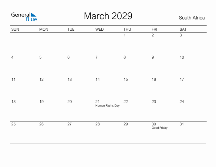 Printable March 2029 Calendar for South Africa