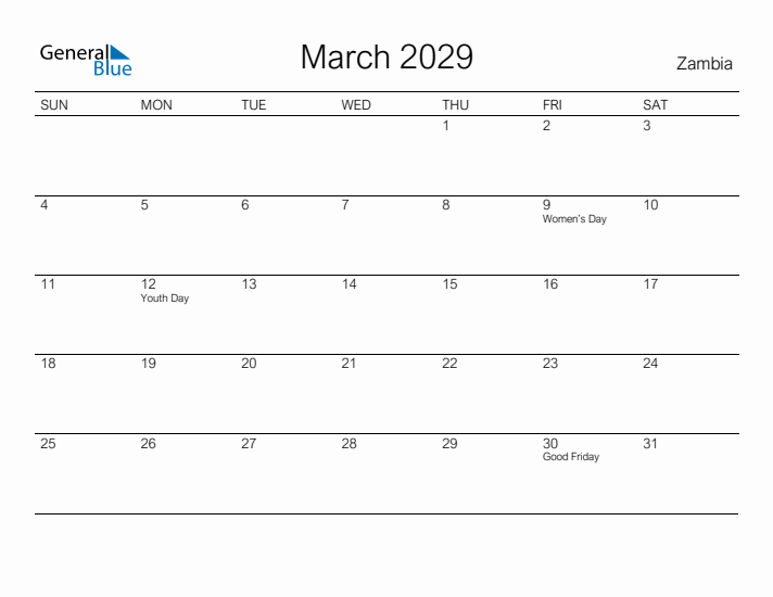 Printable March 2029 Calendar for Zambia
