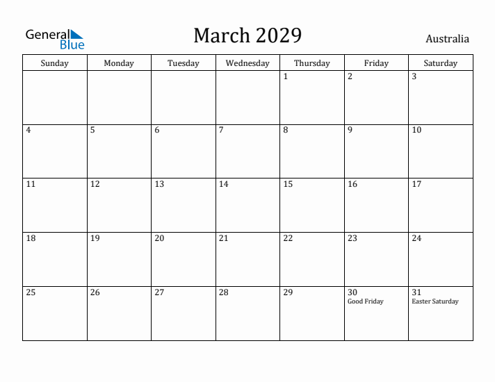 March 2029 Calendar Australia