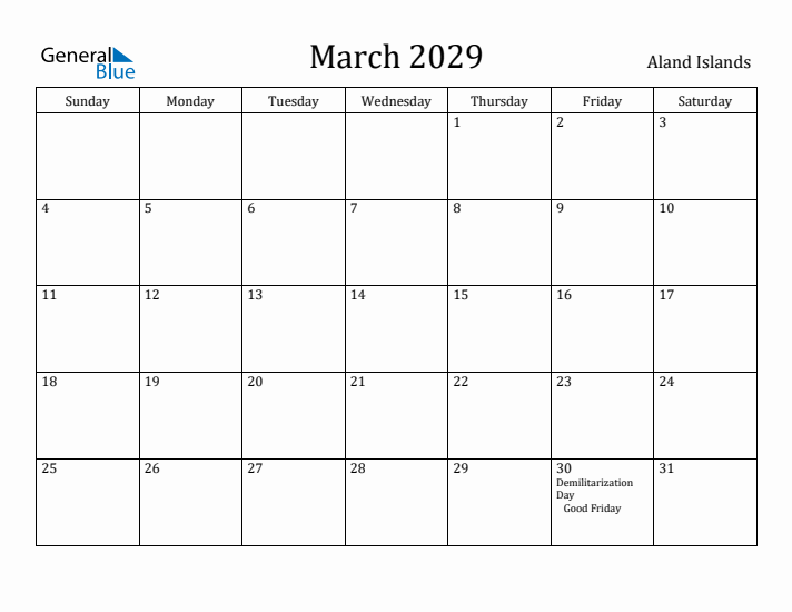 March 2029 Calendar Aland Islands