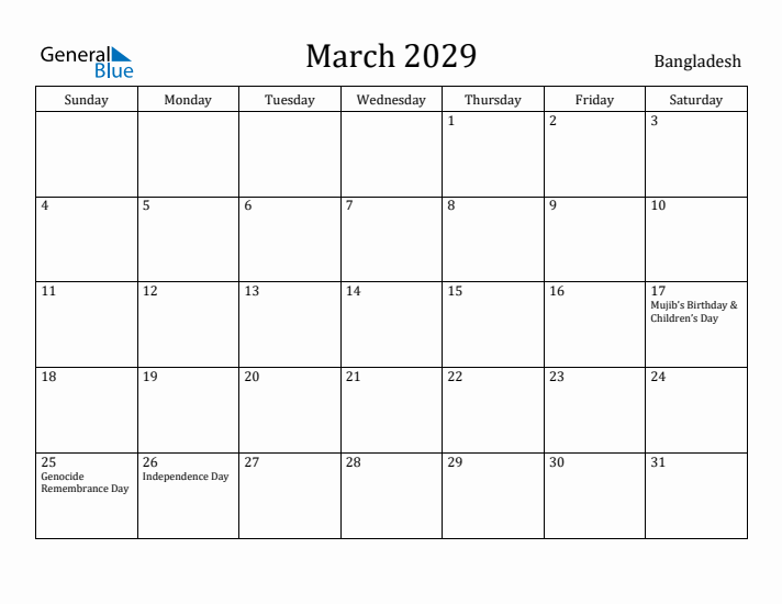 March 2029 Calendar Bangladesh