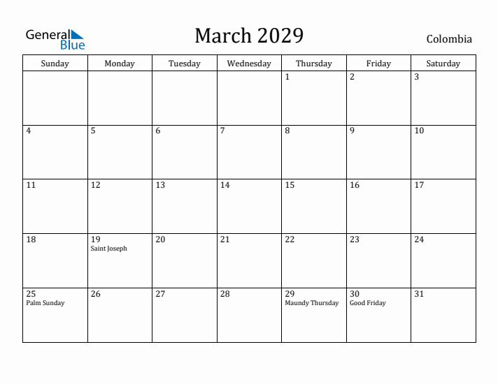 March 2029 Calendar Colombia