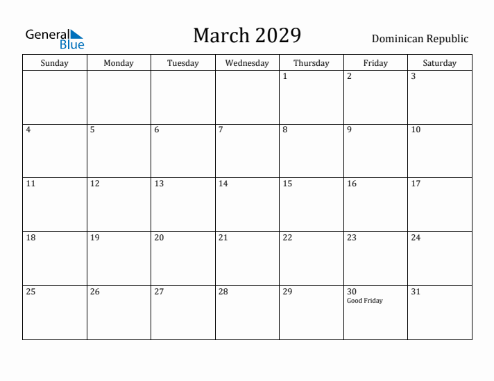 March 2029 Calendar Dominican Republic