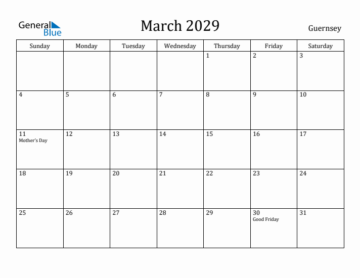 March 2029 Calendar Guernsey