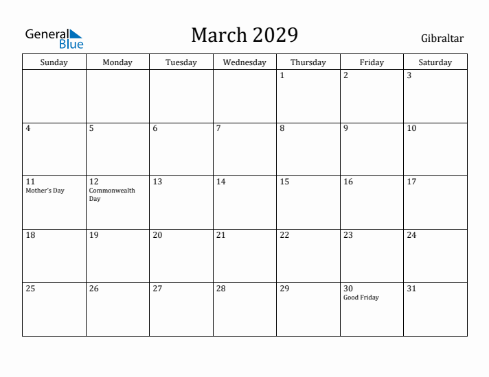 March 2029 Calendar Gibraltar