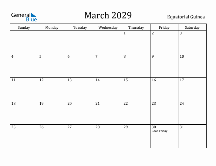 March 2029 Calendar Equatorial Guinea