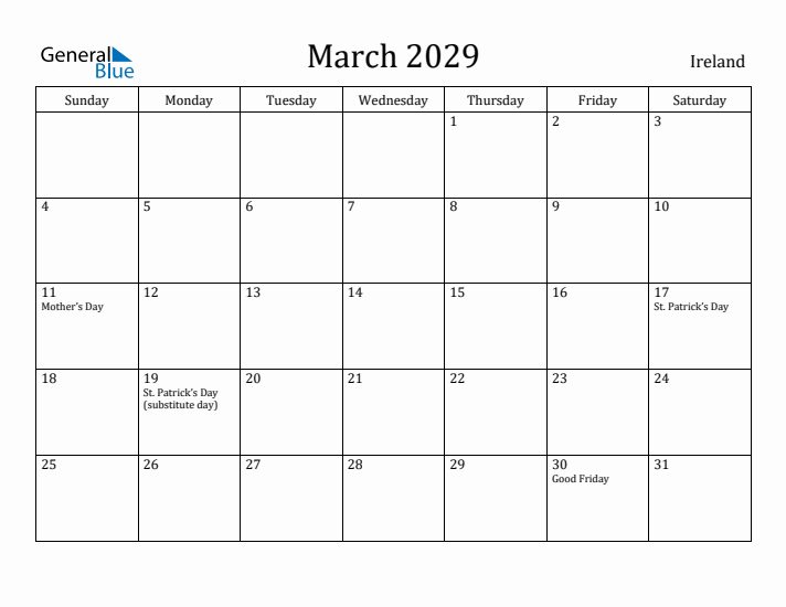 March 2029 Calendar Ireland