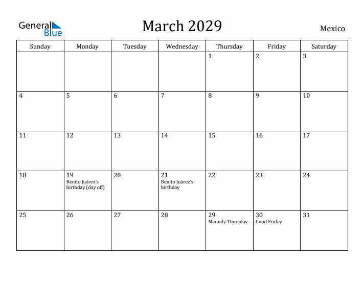 March 2029 Calendar Mexico