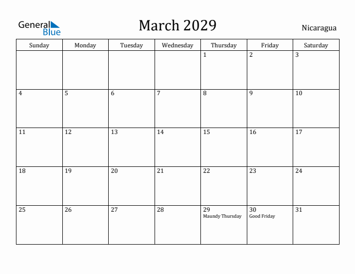 March 2029 Calendar Nicaragua