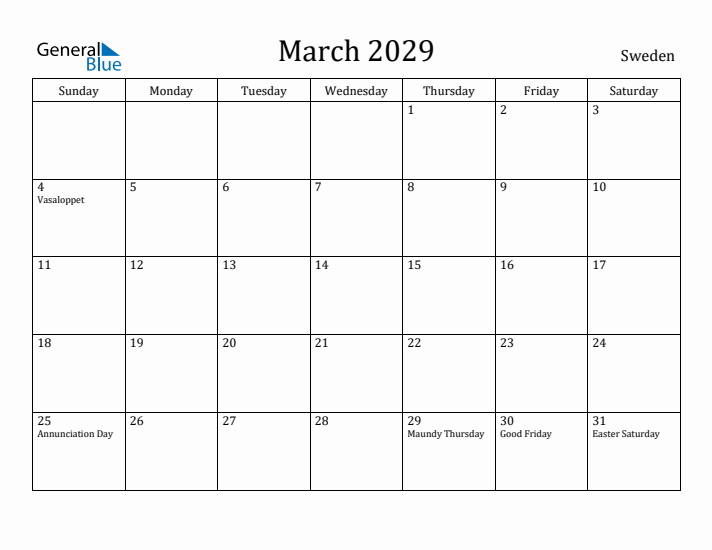 March 2029 Calendar Sweden