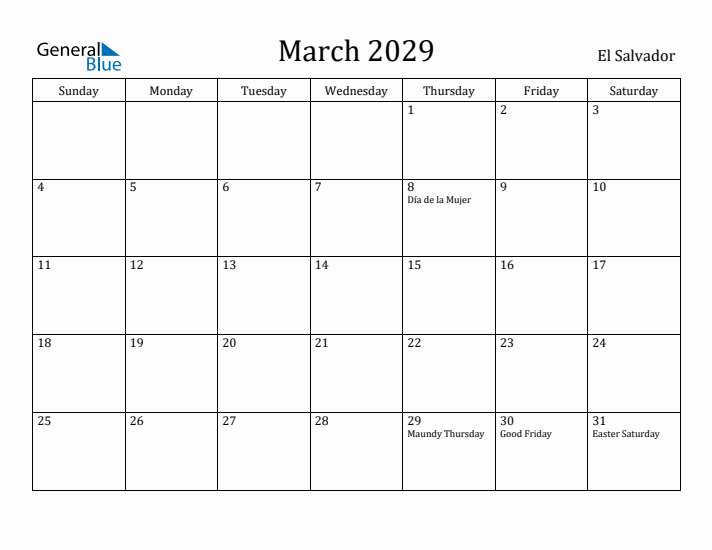 March 2029 Calendar El Salvador