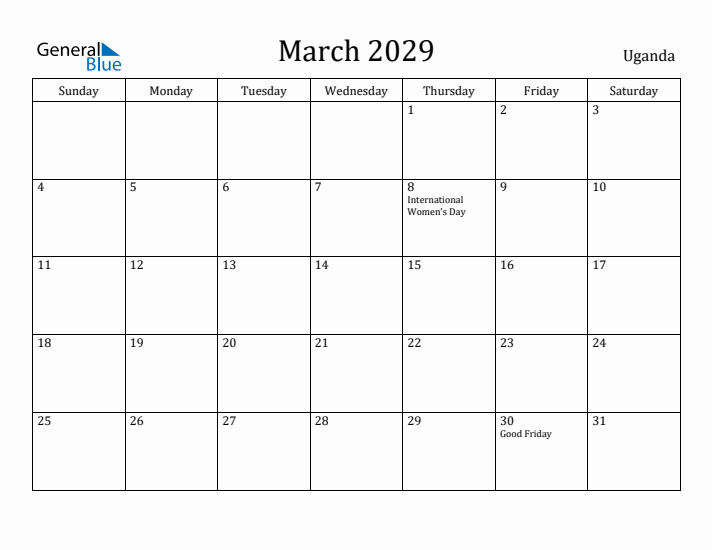 March 2029 Calendar Uganda