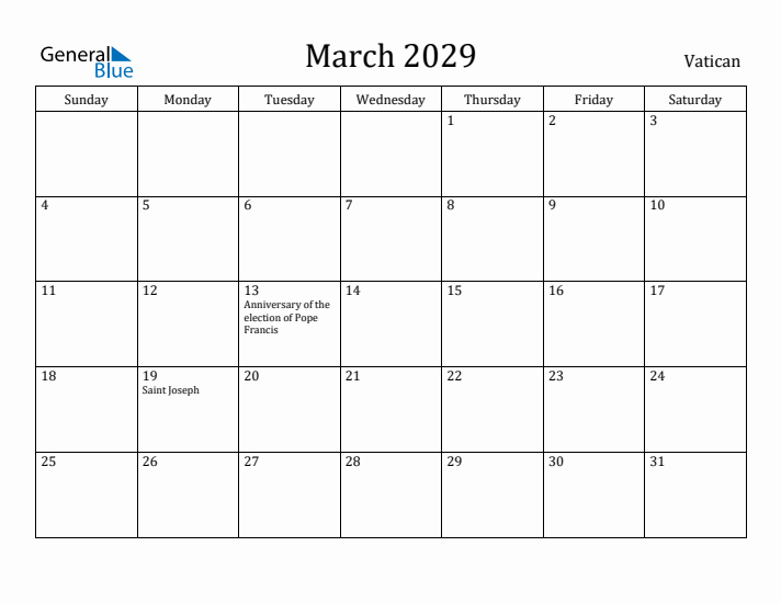 March 2029 Calendar Vatican