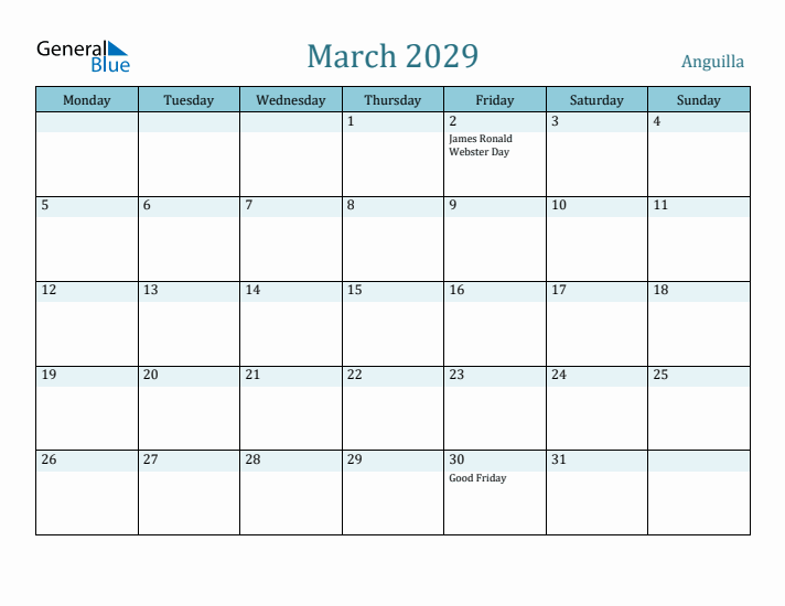 March 2029 Calendar with Holidays