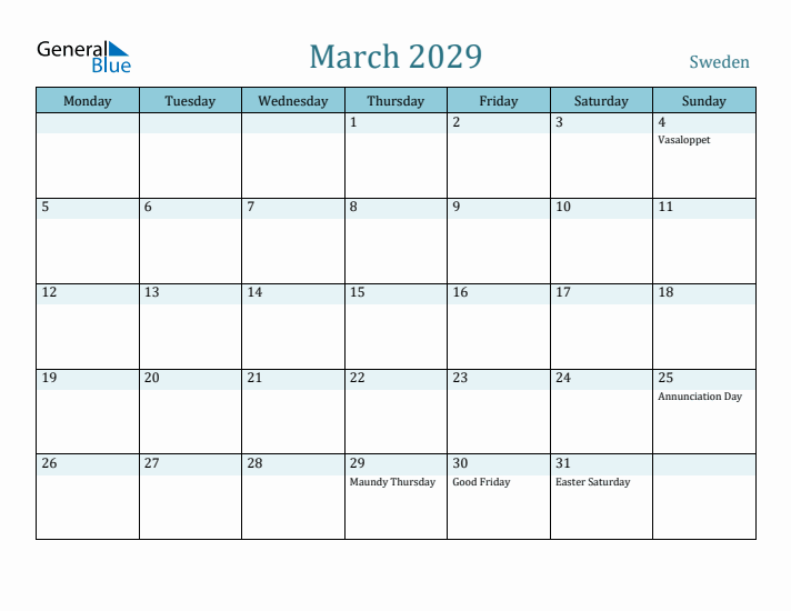 March 2029 Calendar with Holidays