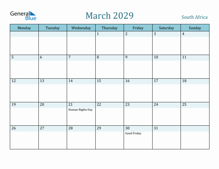 March 2029 Calendar with Holidays