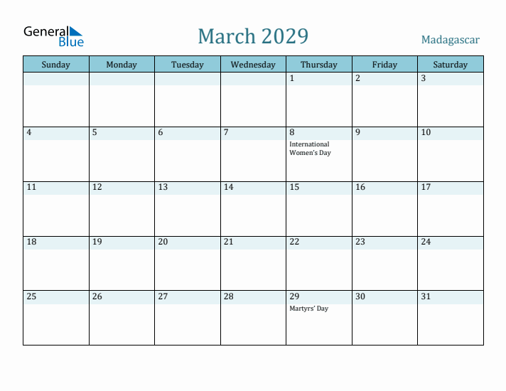 March 2029 Calendar with Holidays