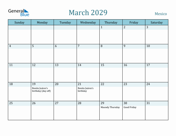 March 2029 Calendar with Holidays