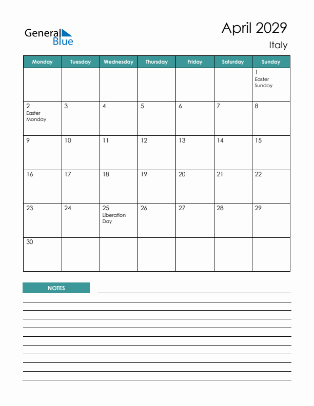 Calendar with Notes Printable - Monday Start