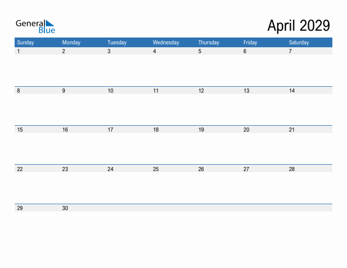 Fillable Calendar for April 2029