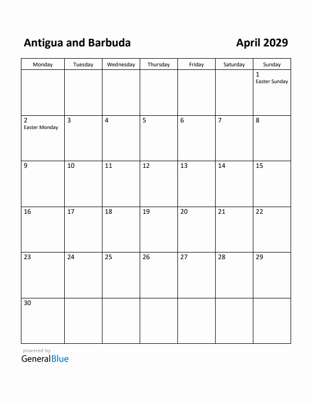 April 2029 Calendar with Antigua and Barbuda Holidays