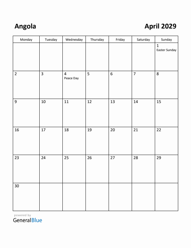 April 2029 Calendar with Angola Holidays
