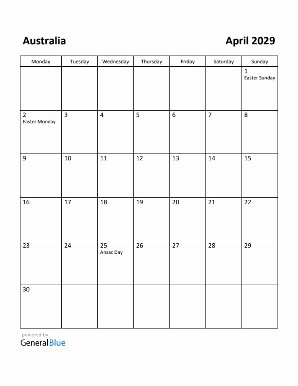 April 2029 Calendar with Australia Holidays