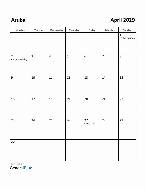 April 2029 Calendar with Aruba Holidays