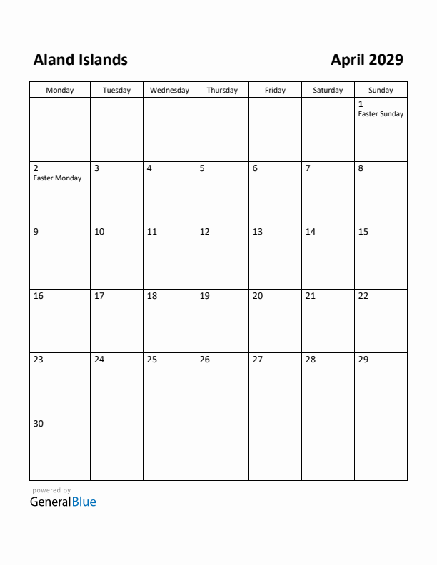 April 2029 Calendar with Aland Islands Holidays