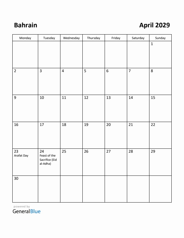 April 2029 Calendar with Bahrain Holidays