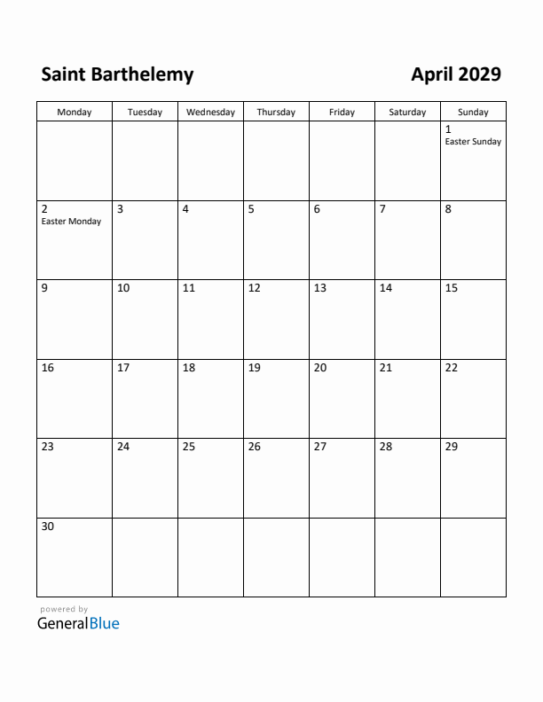 April 2029 Calendar with Saint Barthelemy Holidays