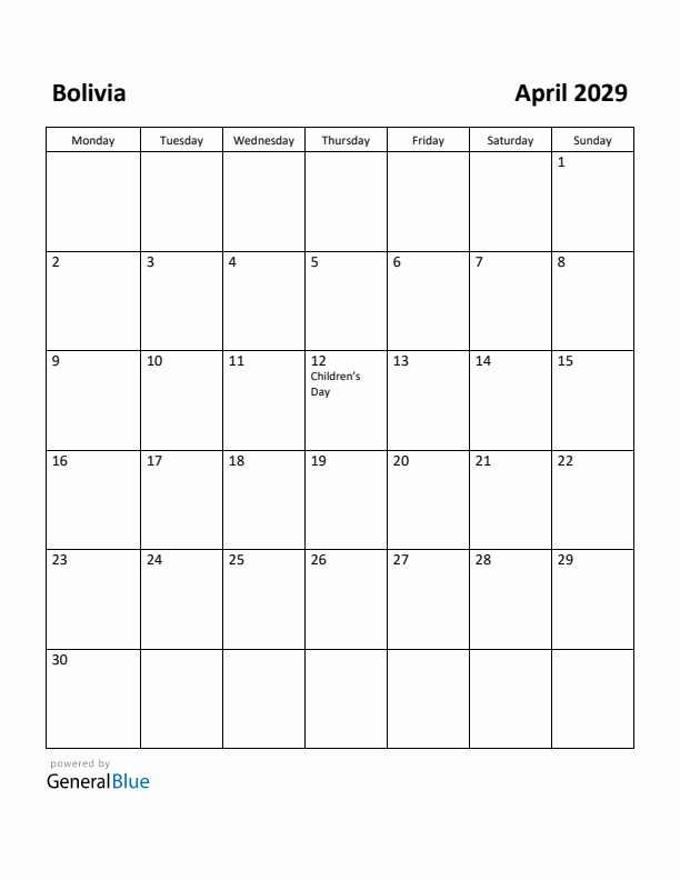 April 2029 Calendar with Bolivia Holidays