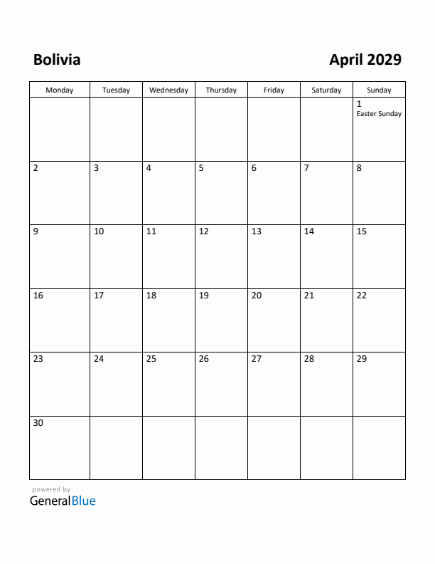 April 2029 Calendar with Bolivia Holidays