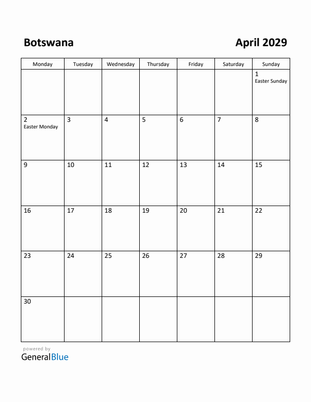 April 2029 Calendar with Botswana Holidays