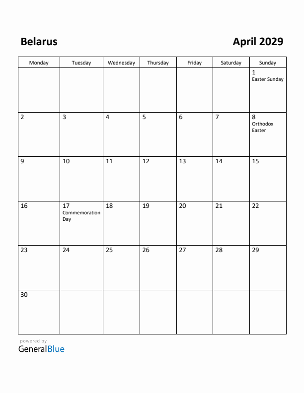 April 2029 Calendar with Belarus Holidays