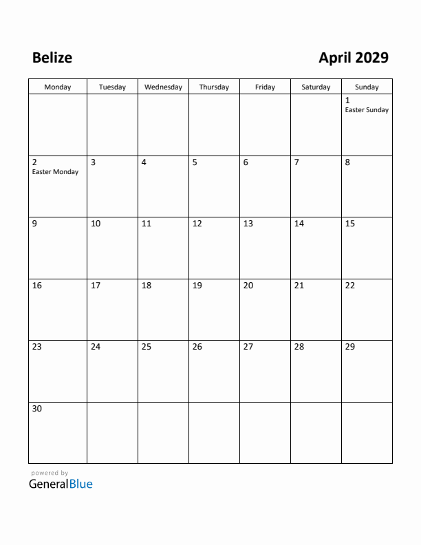April 2029 Calendar with Belize Holidays