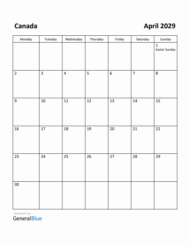 April 2029 Calendar with Canada Holidays