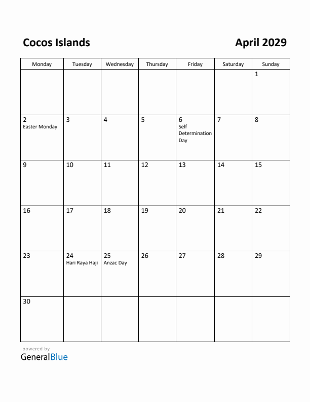 April 2029 Calendar with Cocos Islands Holidays