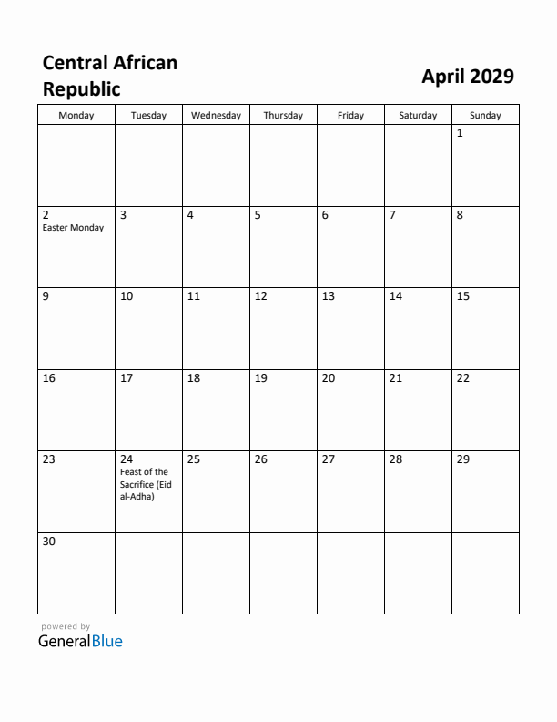 April 2029 Calendar with Central African Republic Holidays