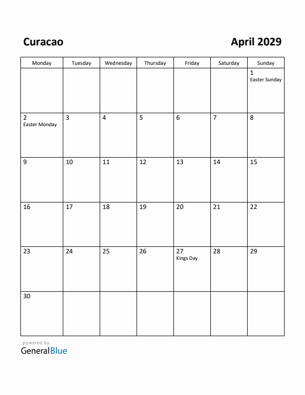 April 2029 Calendar with Curacao Holidays